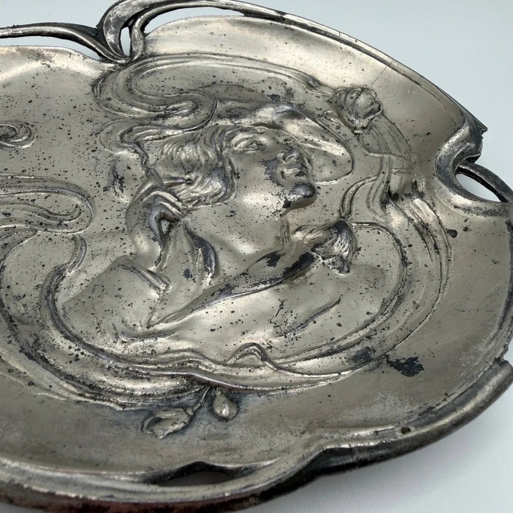 Antique Art Nouveau Bronze? Tray Woman Poppies Repousse Vanity Trinket Dish